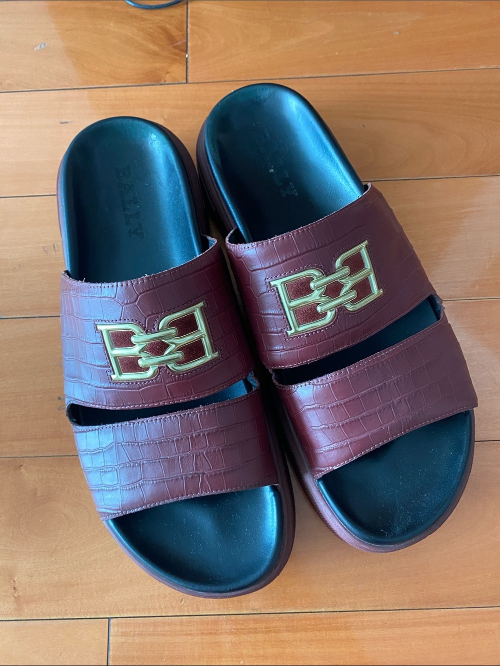 Bally Men's Burgundy Croc-Embossed Slide Sandals with Gold Hardware